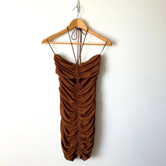 Zara Ruched Cut Out Halter Tie Mini Dress Brown Size Medium - Picture 6 of 11